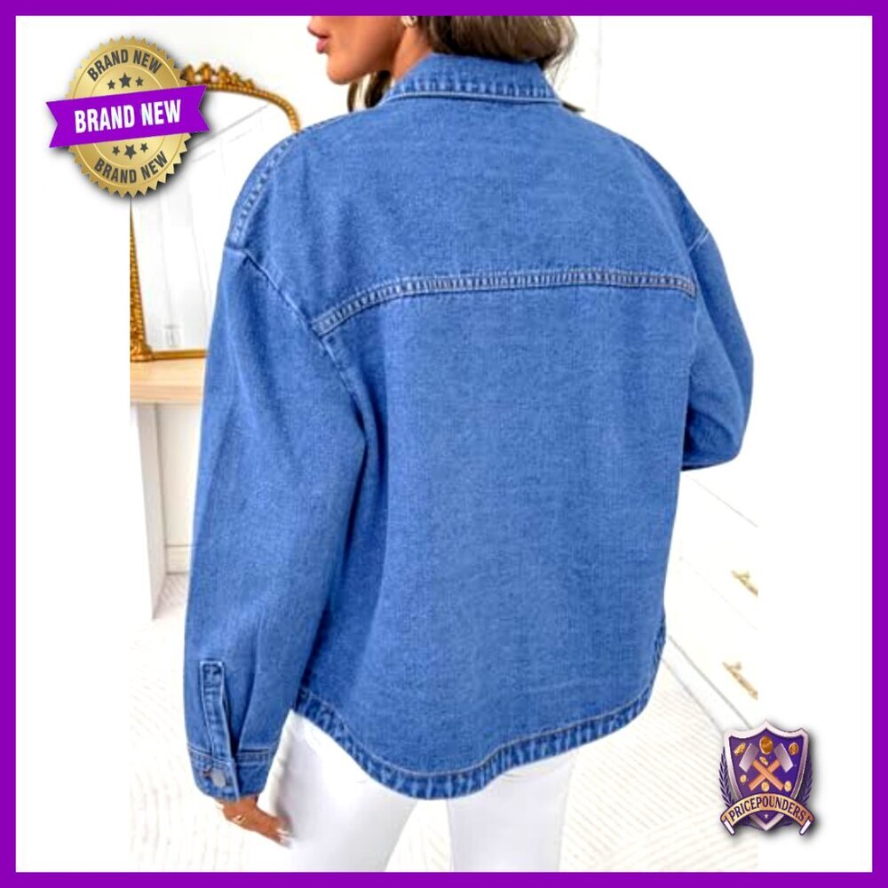Oversized Denim Jacket Classic Boyfriend Fit Casual Chic Button Down Long Sleeve - Picture 2 of 7